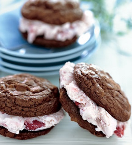 Triple-Chocolate Cookie and Strawberry Ice Cream Sandwiches