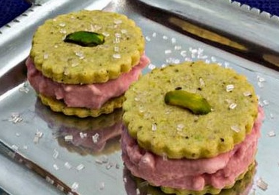 Pomegranate Ice Cream in Pistachio-Cardamom Cookie Sandwiches