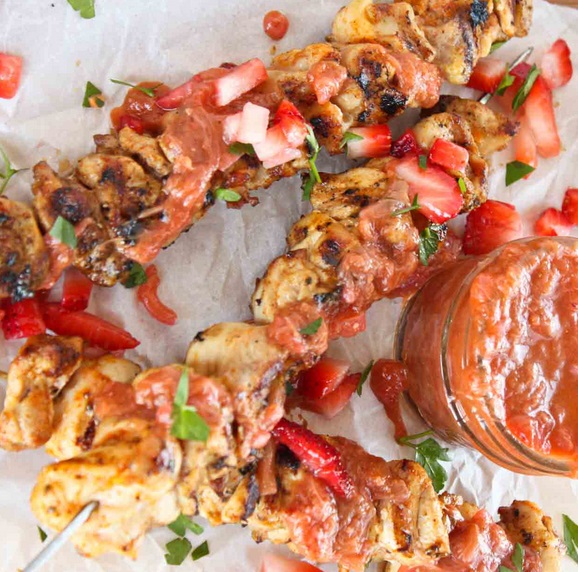 Grilled Chicken Skewers With Strawberry-Rhubarb Chutney