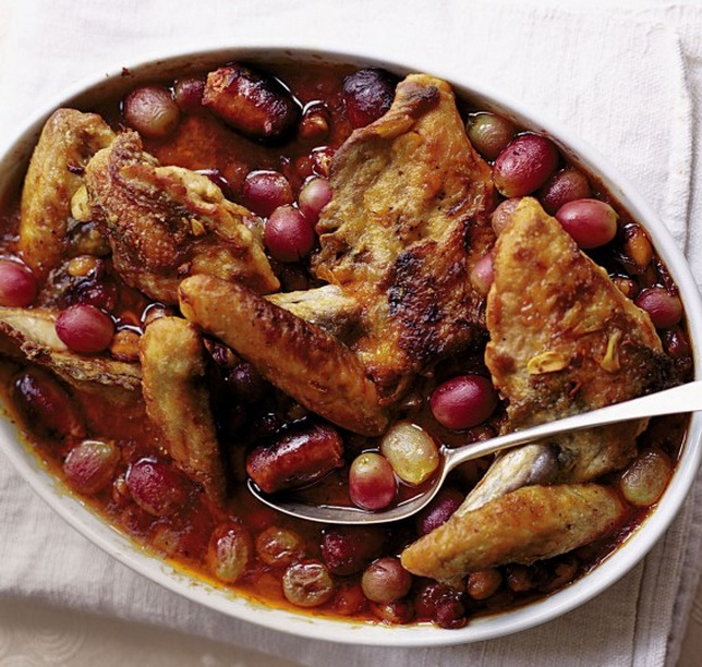 Braised Guinea-Fowl with Manzanill &, Grapes
