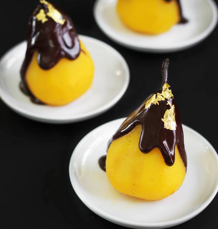 Gold Saffron Poached Pears & Chocolate
