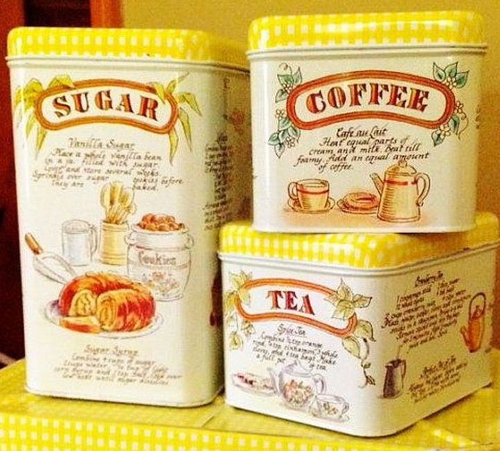 1950's Tin Canister Set Tea, Coffee And Sugar Sets