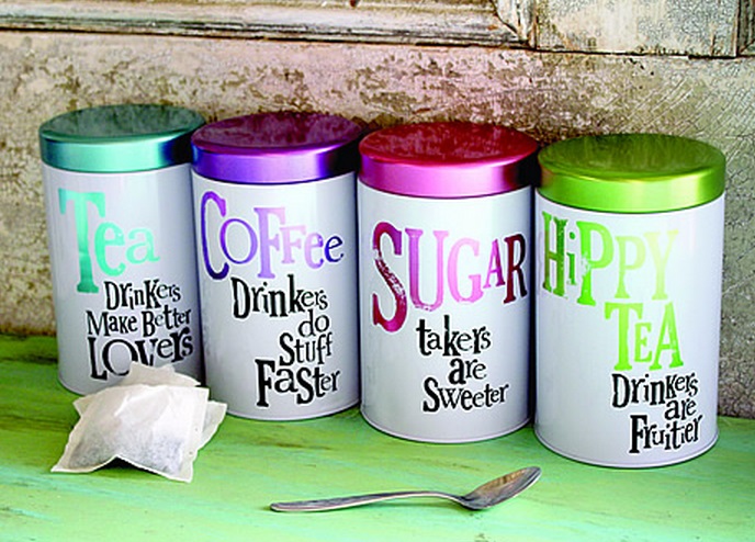 Brightly Coloured Slogan Tea, Coffee And Sugar Sets 