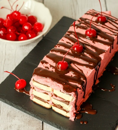 Chocolate Covered Cherry Ice Cream Sandwich Cake