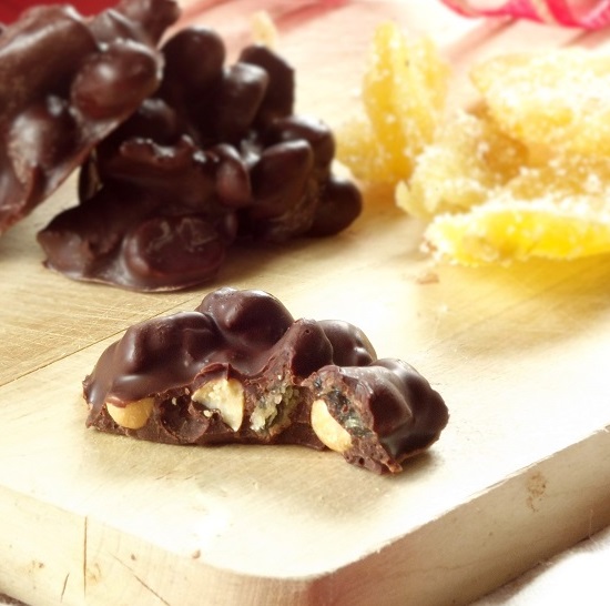 Chocolate Covered Candied Ginger Peanut Clusters