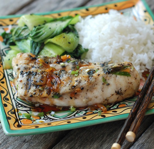 Grilled Bass with Savory Caramel Sauce