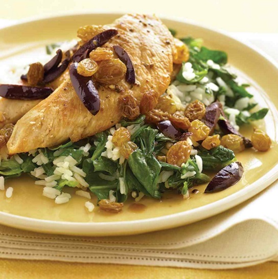 Chicken with Olives, Raisins, and Spinach Rice