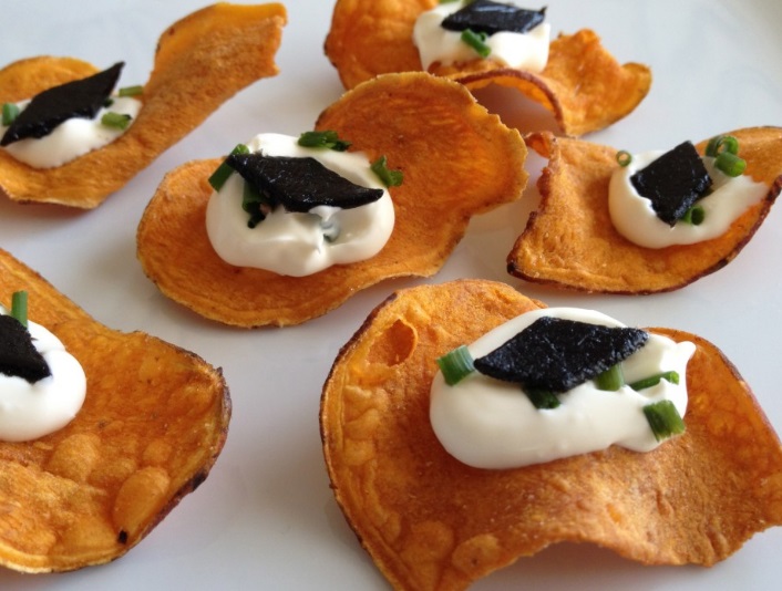Pressed Caviar on Sweet Potato Chips