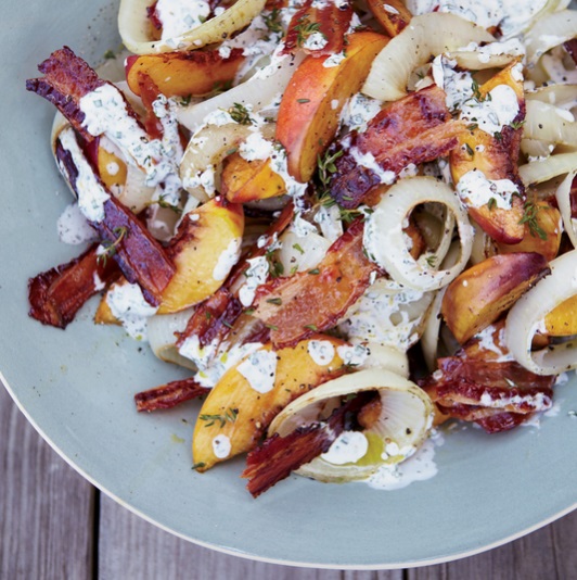 Grilled Peach, Onion and Bacon Salad