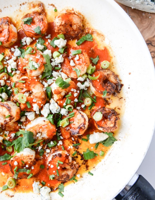 Crispy Buffalo Wing Shrimp With Mouldy Cheese Grits