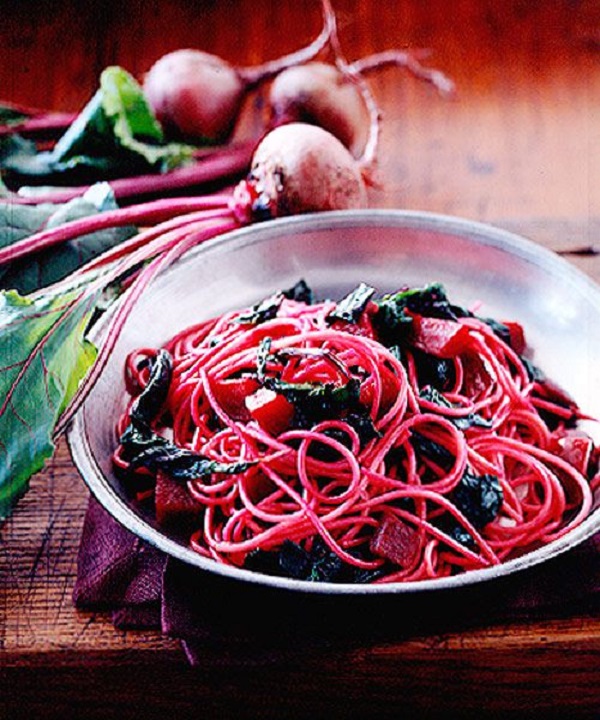 Spaghetti with Beets and Greens