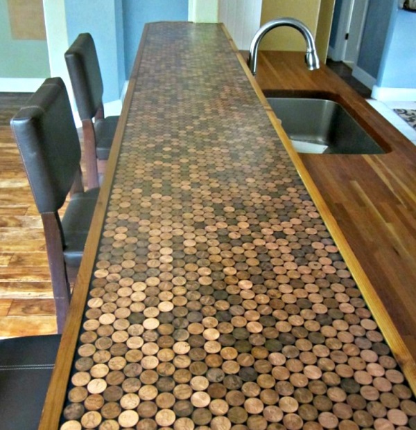 Kitchen Worktops Made With Copper Coins