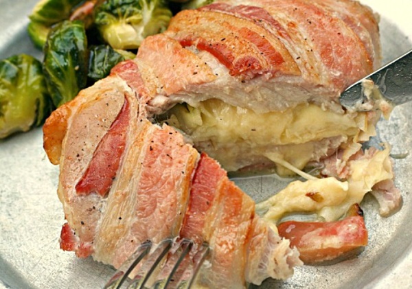 Bacon Wrapped Pork Chops Stuffed with Cheese & Apples