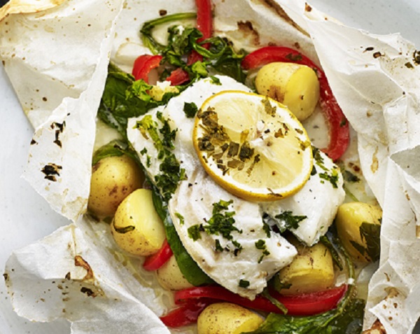 Baked New Potatoes and Cod en Papillote