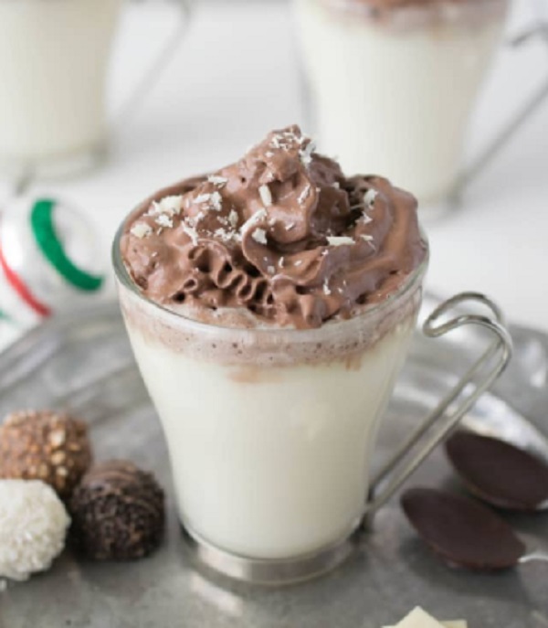 White Hot Chocolate with Dark Chocolate Whipped Cream