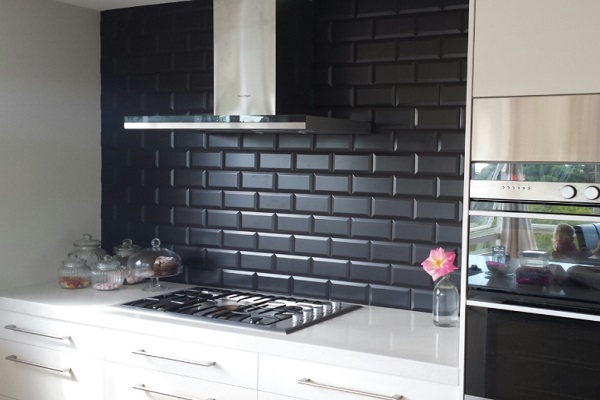 Glazed Black Subway Tiles Kitchen Splashback Design