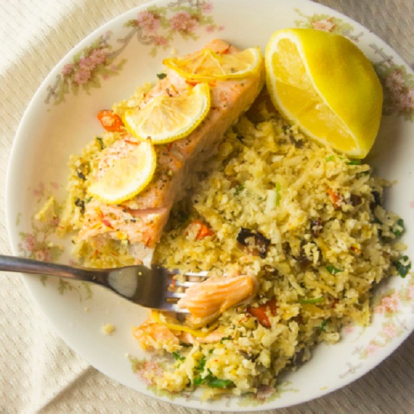AIP Friendly Baked Salmon over Grain-Free Apricot Pilaf