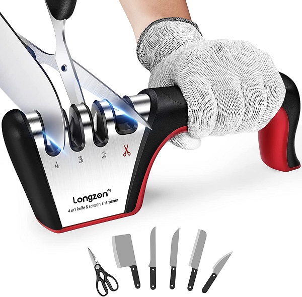 longzon 4-stage Knife Sharpener with a Pair of Cut-Resistant Glove