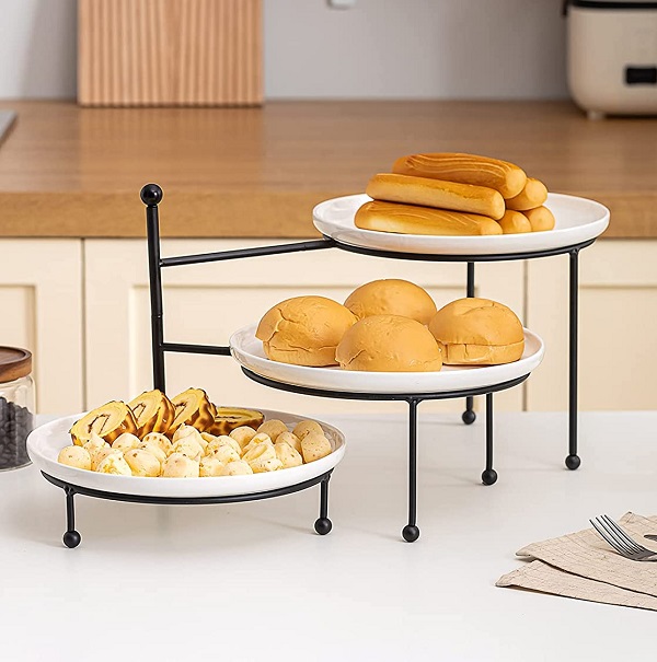 Kanwone 3 Tiered Serving Stand with White Porcelain Plates